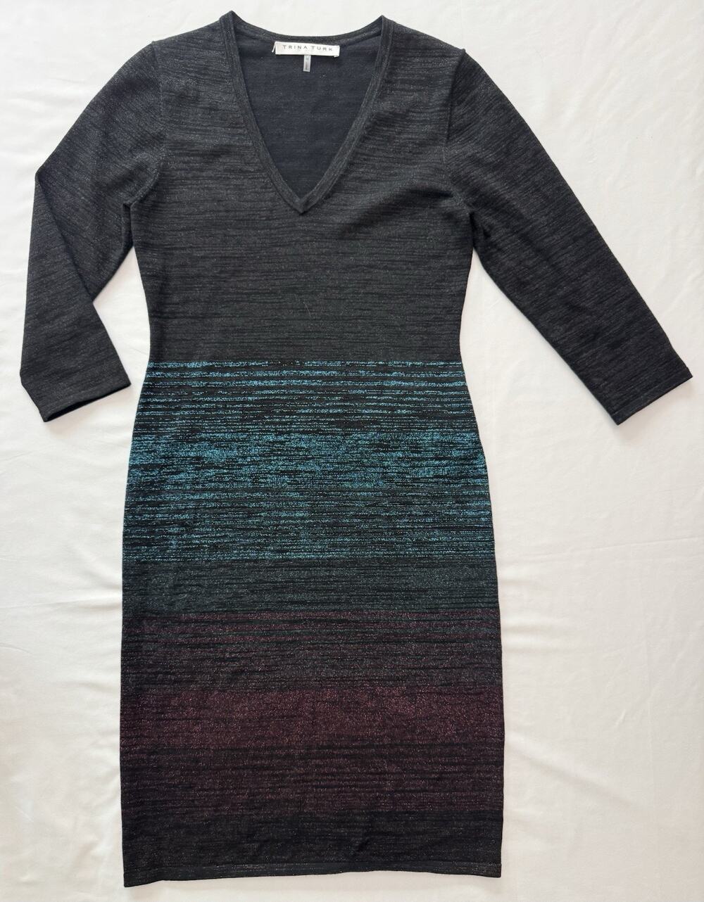 Trina Turk Lurex Dress Womens Medium Striped Ombre Sparkly Shimmery Office